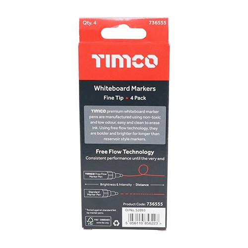 TIMCO Whiteboard Markers - Fine Tip - Mixed Colours Fine Tip Four Pack (4 Pack)