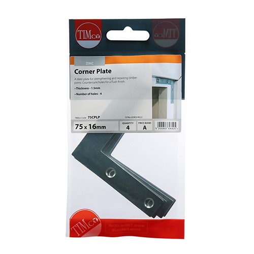 TIMCO Corner Plates - Zinc 75 x 75 x 16mm (4)