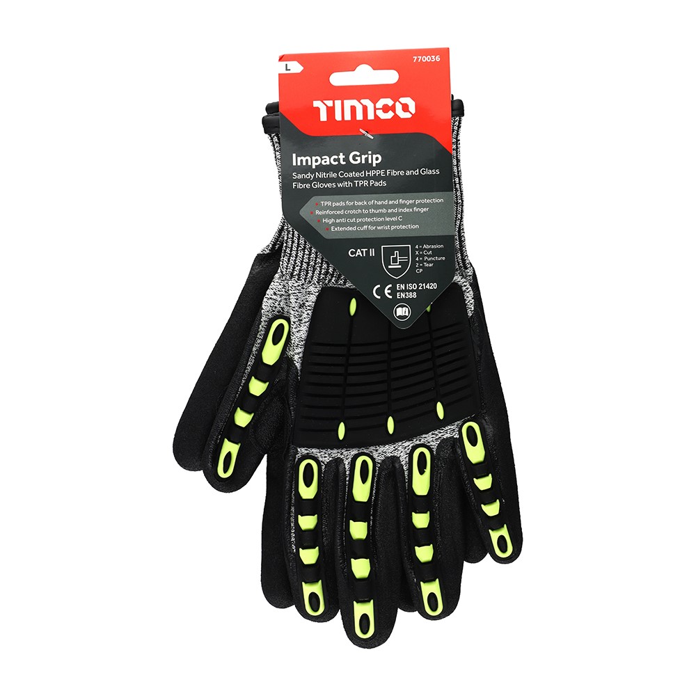 TIMCO Impact Cut Glove - Sandy Nitrile Coated HPPE Fibre and Glass Fibre Gloves with TPR Pads Large