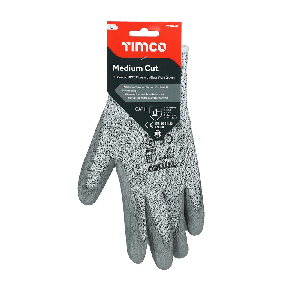 TIMCO Medium Cut Gloves - PU Coated HPPE Fibre with Glass Fibre Large