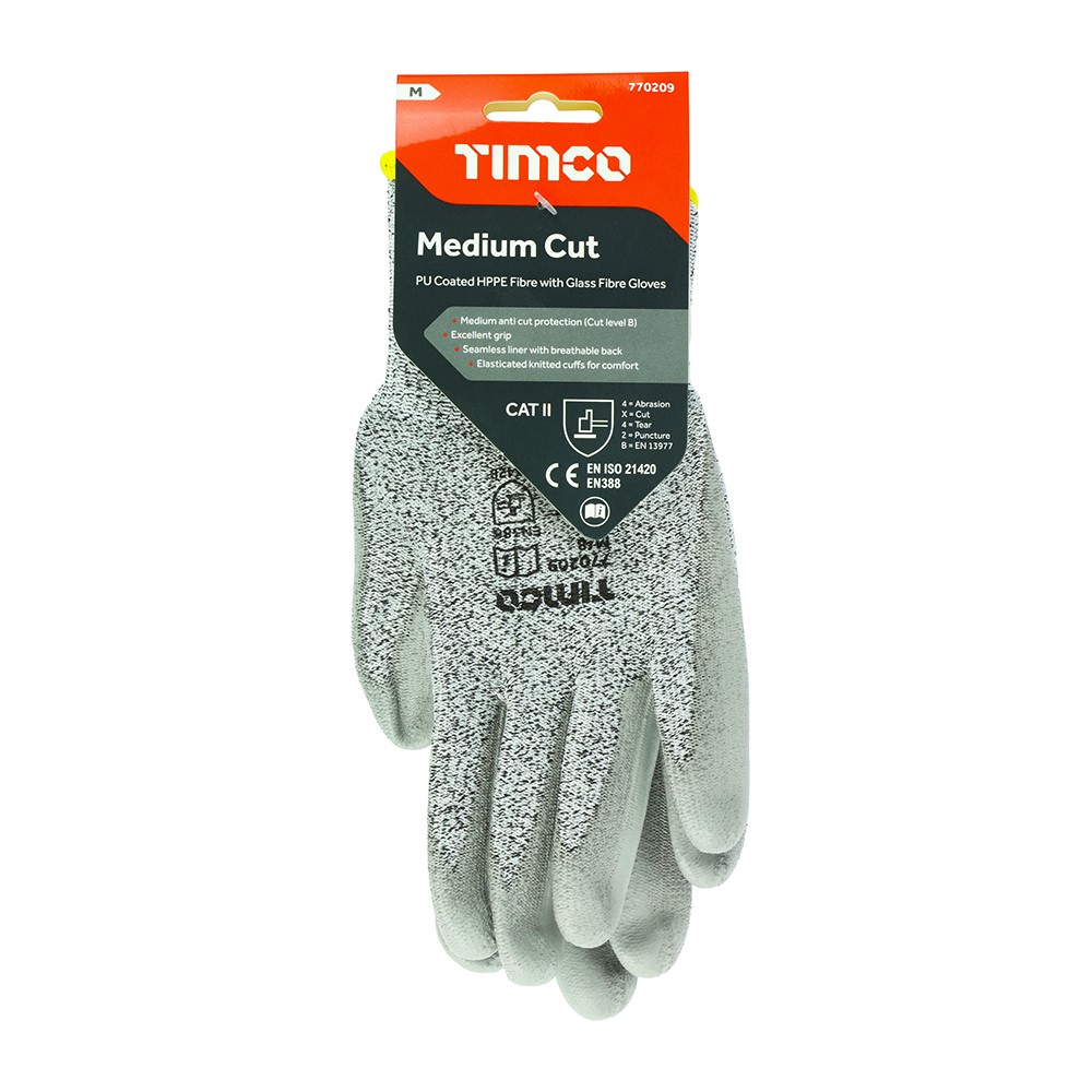 TIMCO Medium Cut Gloves - PU Coated HPPE Fibre with Glass Fibre Medium