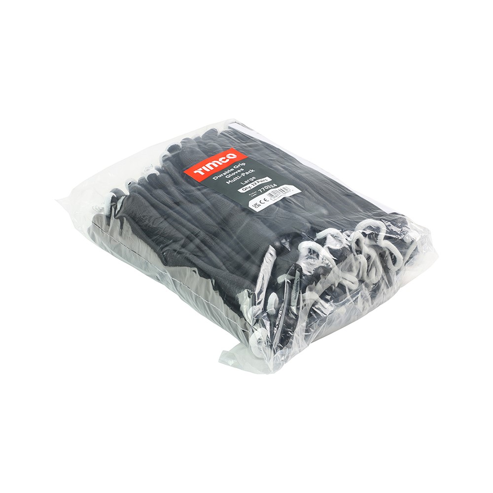 TIMCO Durable Grip Gloves - PU Coated Polyester - Multi Pack Large (12 Bag)