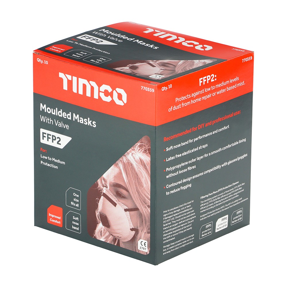 TIMCO FFP2 Moulded Masks with Valve One Size (10 Pack)