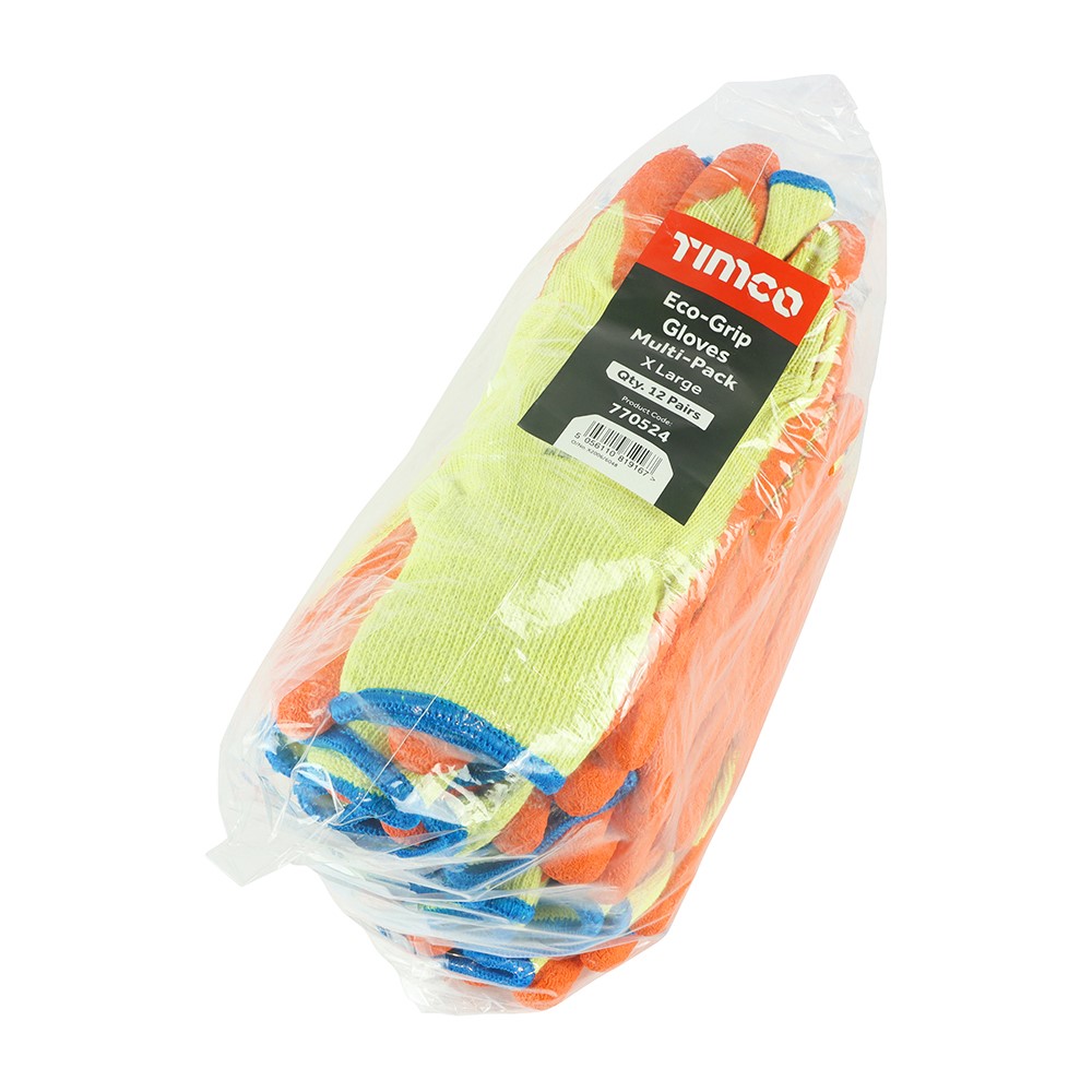 TIMCO Eco-Grip Gloves - Crinkle Latex Coated Polycotton - Multi Pack X Large (12 Bag)