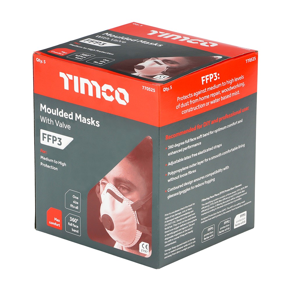 TIMCO FFP3 Moulded Masks with Valve One Size (5 Pack)