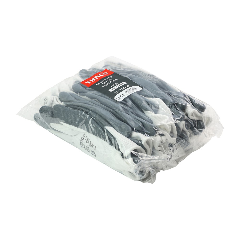 TIMCO Secure Grip Gloves - Smooth Nitrile Foam Coated Polyester - Multi Pack Large (12 Bag)