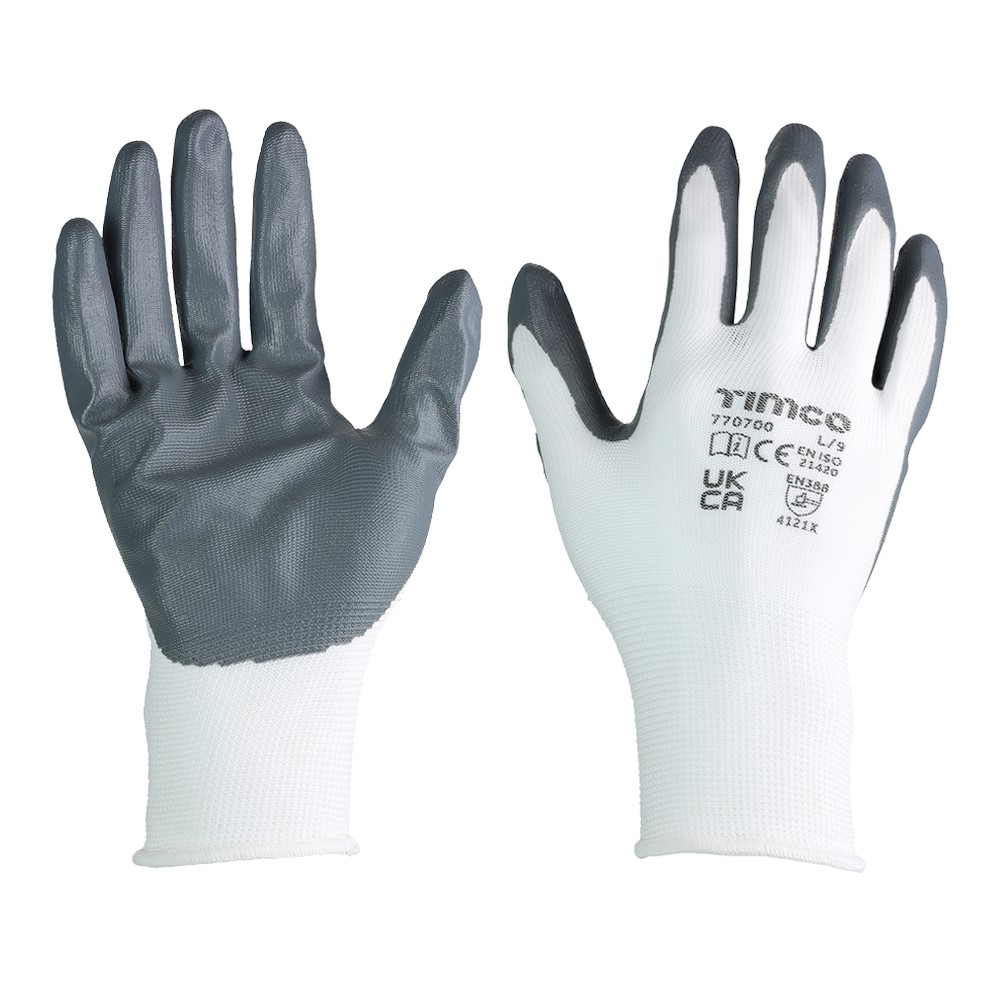 TIMCO Secure Grip Gloves - Smooth Nitrile Foam Coated Polyester - Multi Pack Large (12 Bag)