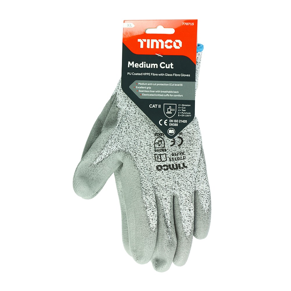 TIMCO Medium Cut Gloves - PU Coated HPPE Fibre with Glass Fibre X Large
