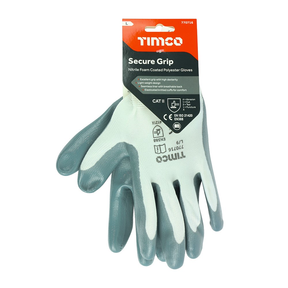 TIMCO Secure Grip Gloves - Smooth Nitrile Foam Coated Polyester Large