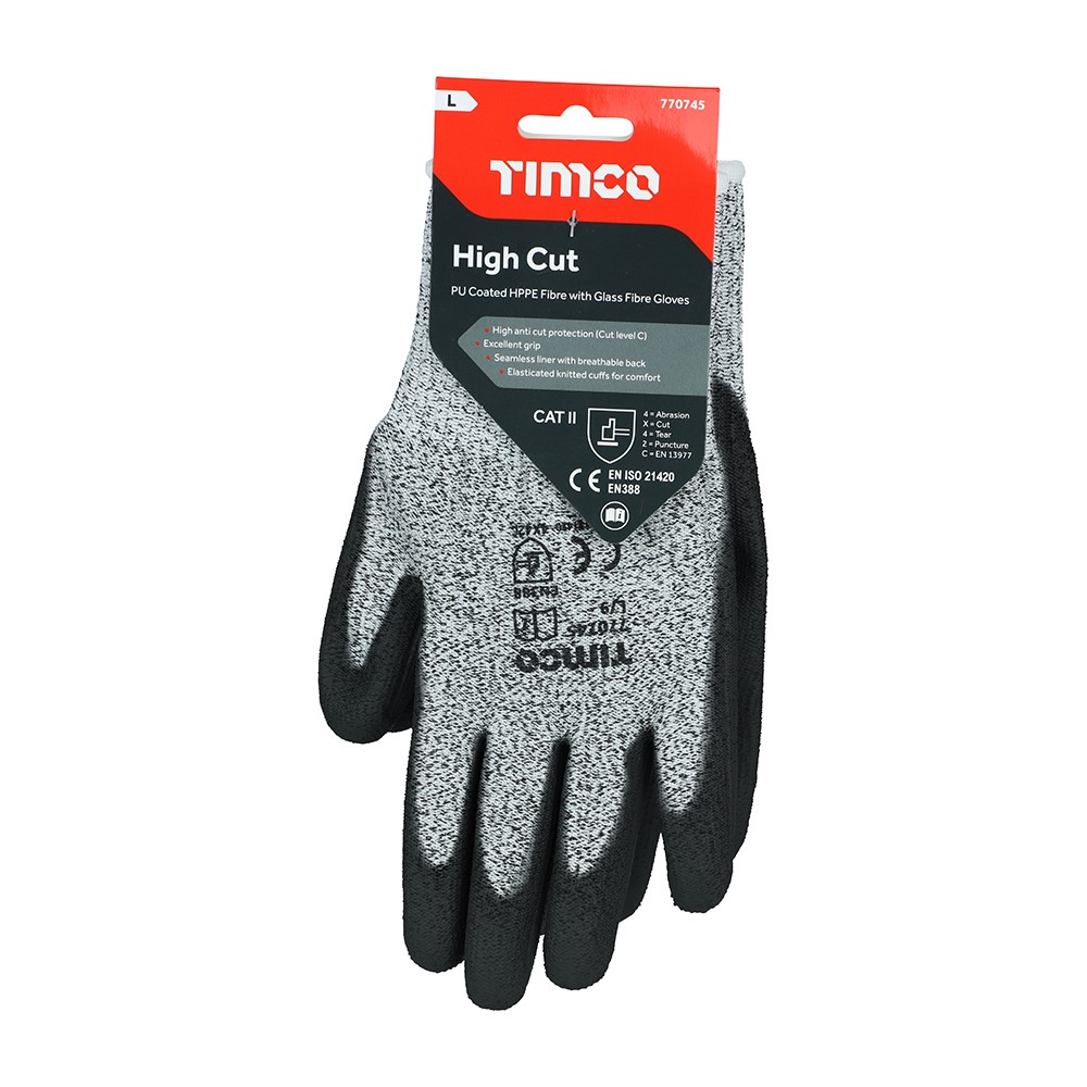 TIMCO High Cut Gloves - PU Coated HPPE Fibre with Glass Fibre Large