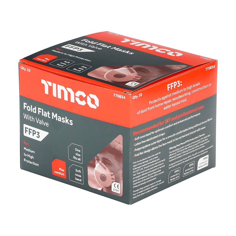 TIMCO FFP3 Fold Flat Masks with Valve One Size (10 Pack)