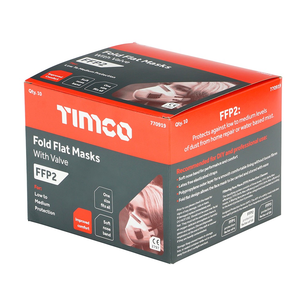 TIMCO FFP2 Fold Flat Masks with Valve One Size (10 Pack)