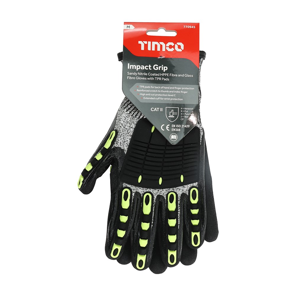 TIMCO Impact Cut Glove - Sandy Nitrile Coated HPPE Fibre and Glass Fibre Gloves with TPR Pads Medium