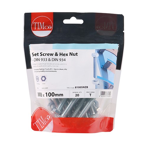 TIMCO Set Screws & Hex Nuts - Grade 8.8 - Zinc M8 x 100mm (20)