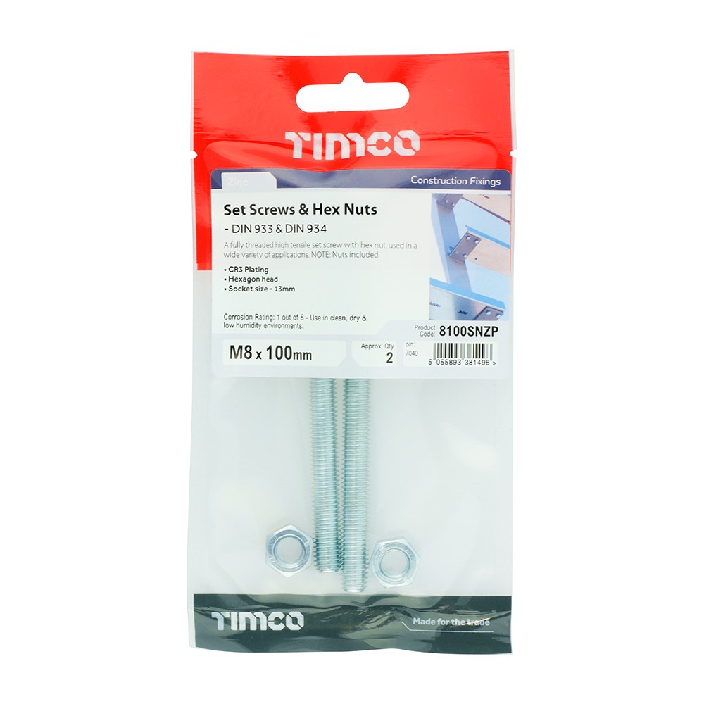 TIMCO Set Screws & Hex Nuts - Grade 8.8 - Zinc M8 x 100mm (2 Pack)