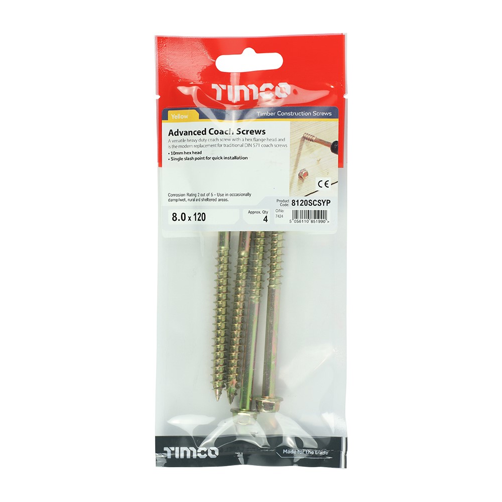 TIMCO Solo Coach Screws - Hex Flange 8.0 x 120mm (4 Pack)