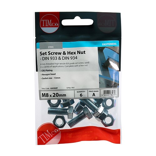 TIMCO Set Screws & Hex Nuts - Grade 8.8 - Zinc M8 x 20mm (6 Pack)