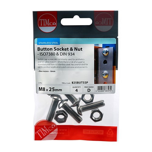 TIMCO Socket Screws & Hex Nuts - Button - Stainless Steel M8 x 25mm (4 Pack)