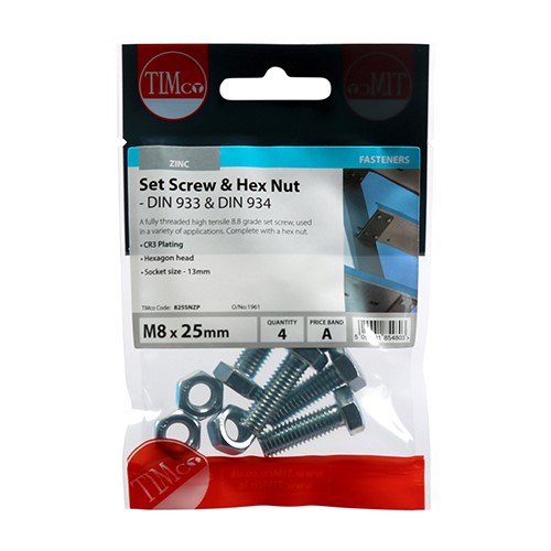 TIMCO Set Screws & Hex Nuts - Grade 8.8 - Zinc M8 x 25mm (4 Pack)