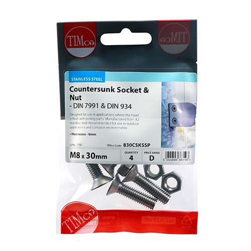 TIMCO Socket Screws & Hex Nuts - Countersunk - Stainless Steel M8 x 30mm (4 Pack)