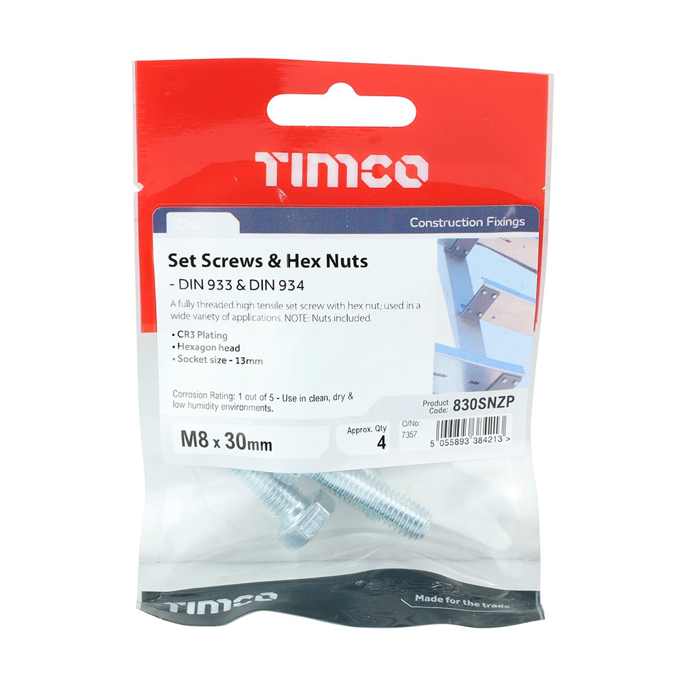 TIMCO Set Screws & Hex Nuts - Grade 8.8 - Zinc M8 x 30mm (4 Pack)