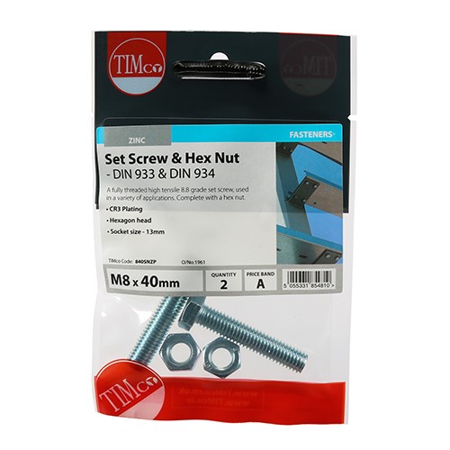 TIMCO Set Screws & Hex Nuts - Grade 8.8 - Zinc M8 x 40mm (2 Pack)