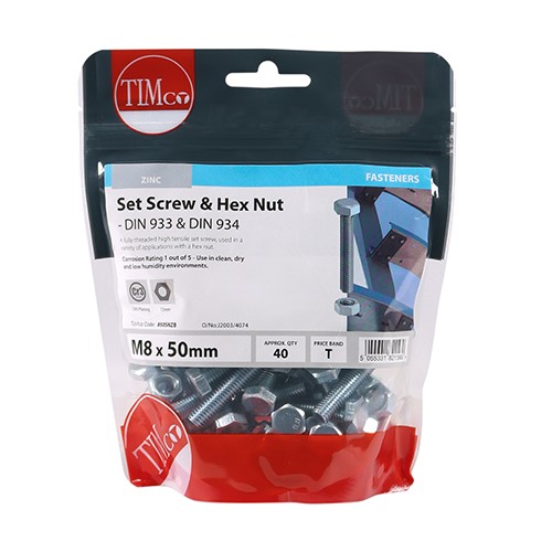 TIMCO Set Screws & Hex Nuts - Grade 8.8 - Zinc M8 x 50mm (40)