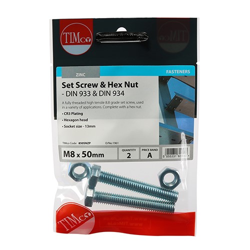 TIMCO Set Screws & Hex Nuts - Grade 8.8 - Zinc M8 x 50mm (2 Pack)