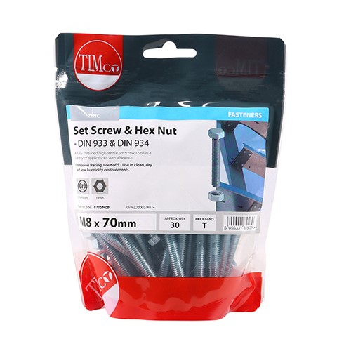 TIMCO Set Screws & Hex Nuts - Grade 8.8 - Zinc M8 x 70mm (30)