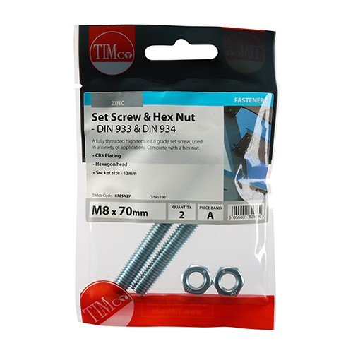 TIMCO Set Screws & Hex Nuts - Grade 8.8 - Zinc M8 x 70mm (2 Pack)