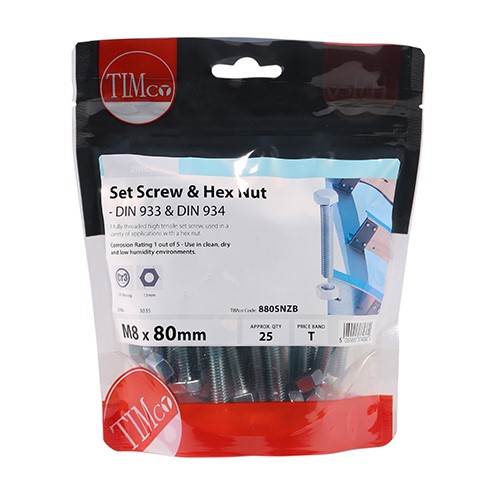 TIMCO Set Screws & Hex Nuts - Grade 8.8 - Zinc M8 x 80mm (25)