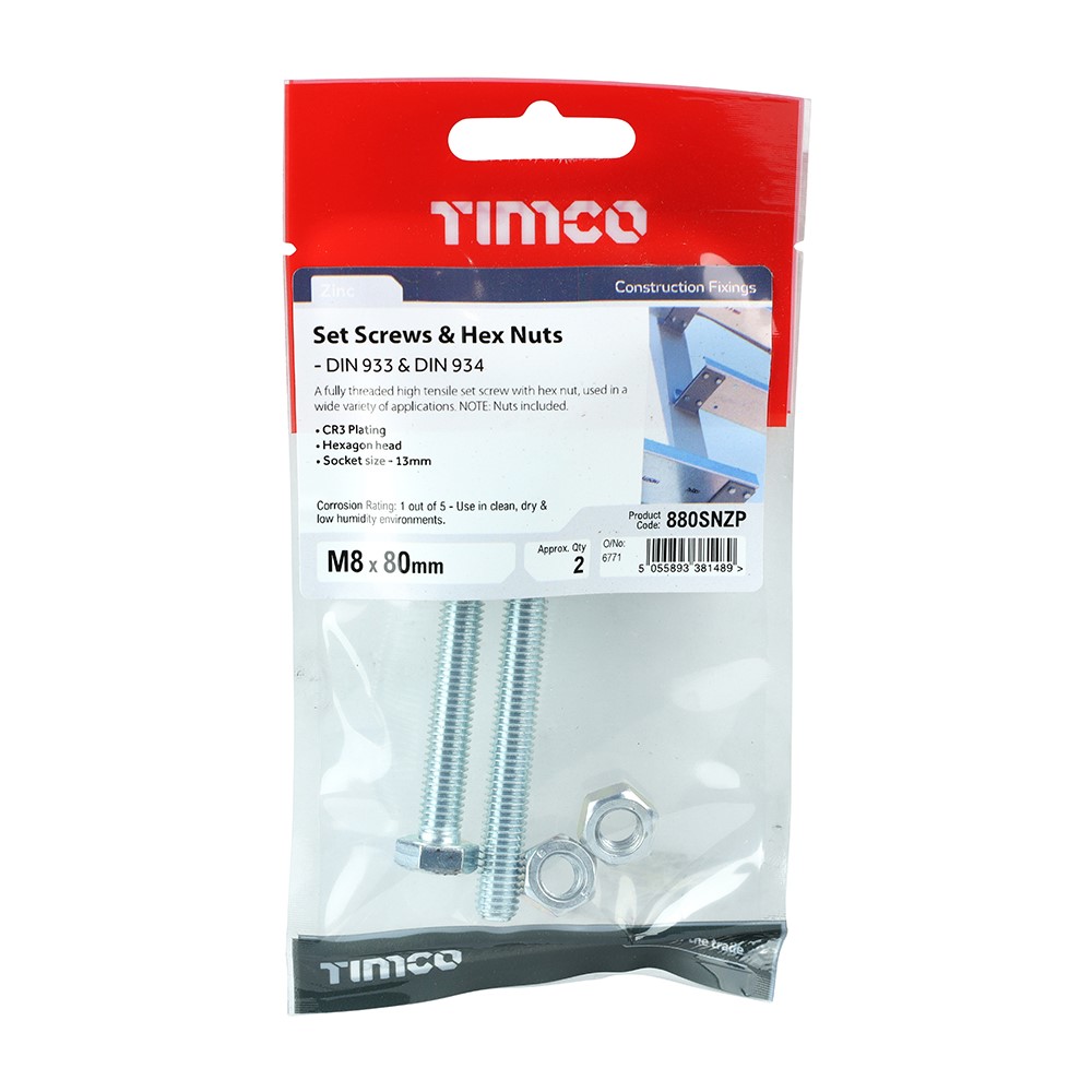 TIMCO Set Screws & Hex Nuts - Grade 8.8 - Zinc M8 x 80mm (2 Pack)