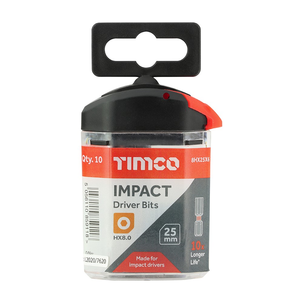 TIMCO Impact Driver Bits - Hex 8.0 x 25mm (10 Handy Bit Pack)