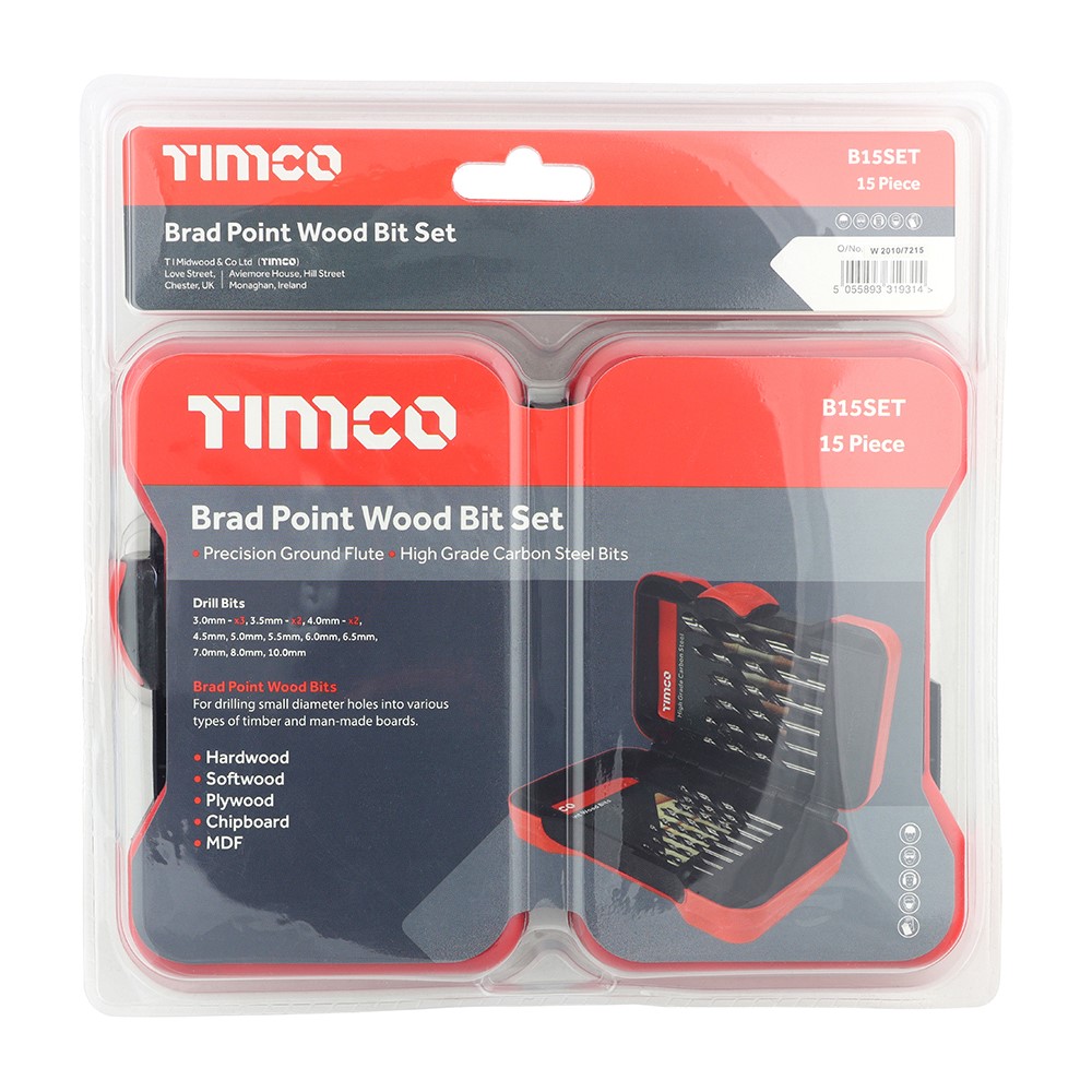 TIMCO Brad Point Wood Bit Set 15 Pack (15 Case)