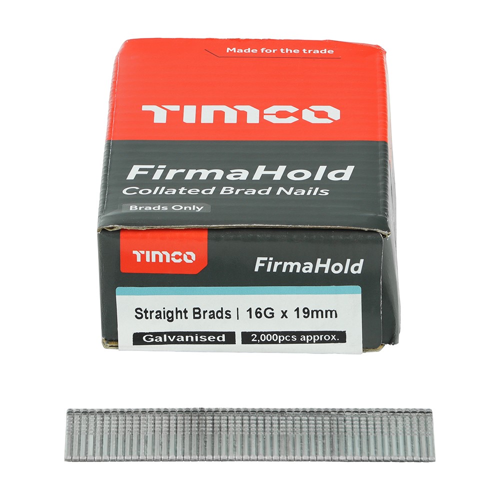 TIMCO FirmaHold Collated Brad Nails - 16 Gauge - Straight - Galvanised 16g x 19mm (2,000 Pack)