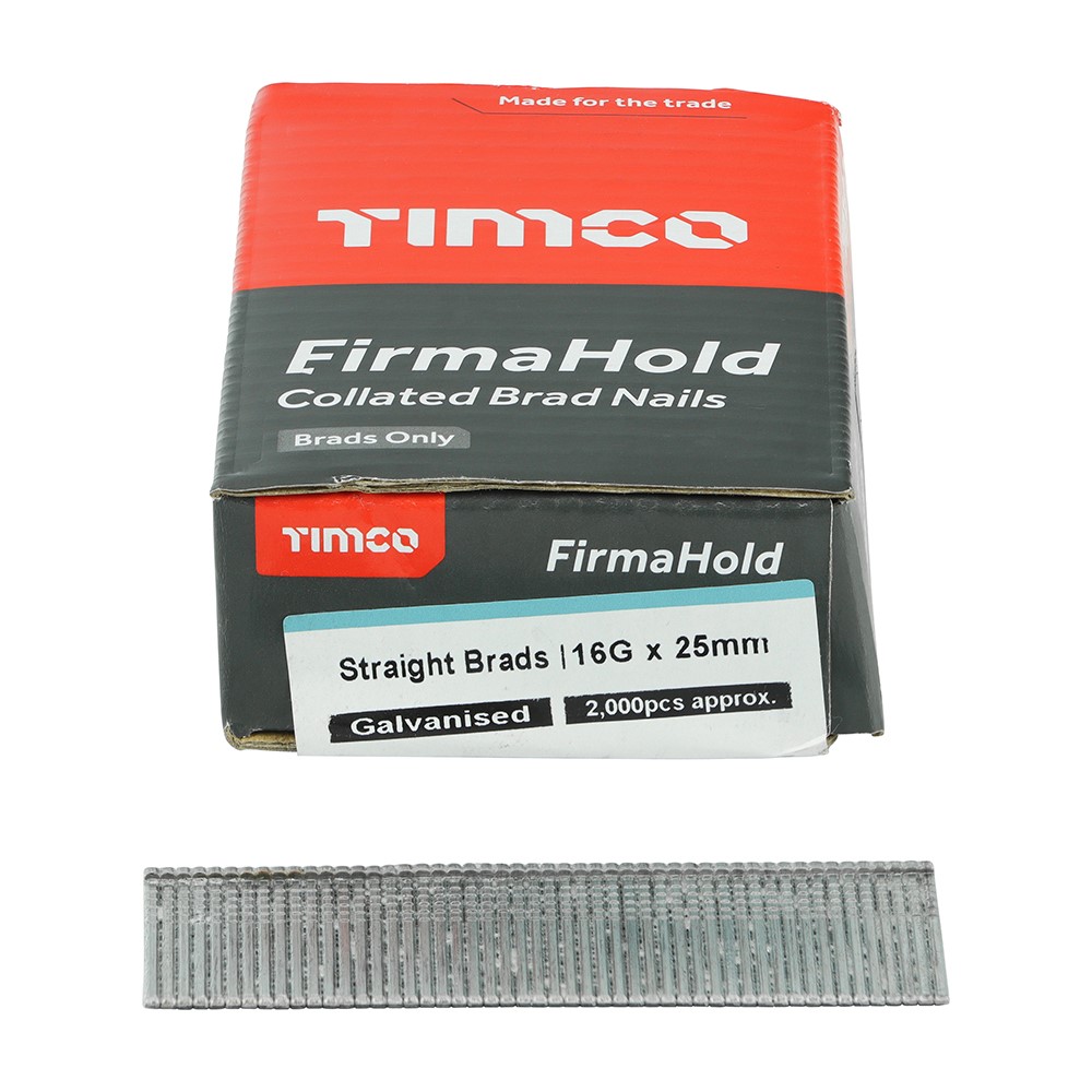 TIMCO FirmaHold Collated Brad Nails - 16 Gauge - Straight - Galvanised 16g x 25mm (2,000 Pack)