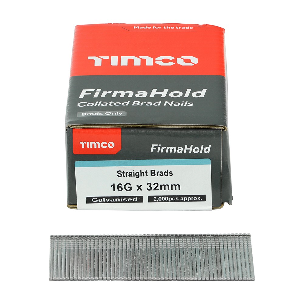TIMCO FirmaHold Collated Brad Nails - 16 Gauge - Straight - Galvanised 16g x 32mm (2,000 Pack)