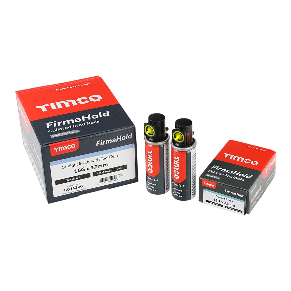 TIMCO FirmaHold Collated Brad Nails & Fuel Cells - 16 Gauge - Straight - Galvanised 16g x 32mm/2BFC (2,000 Pack)