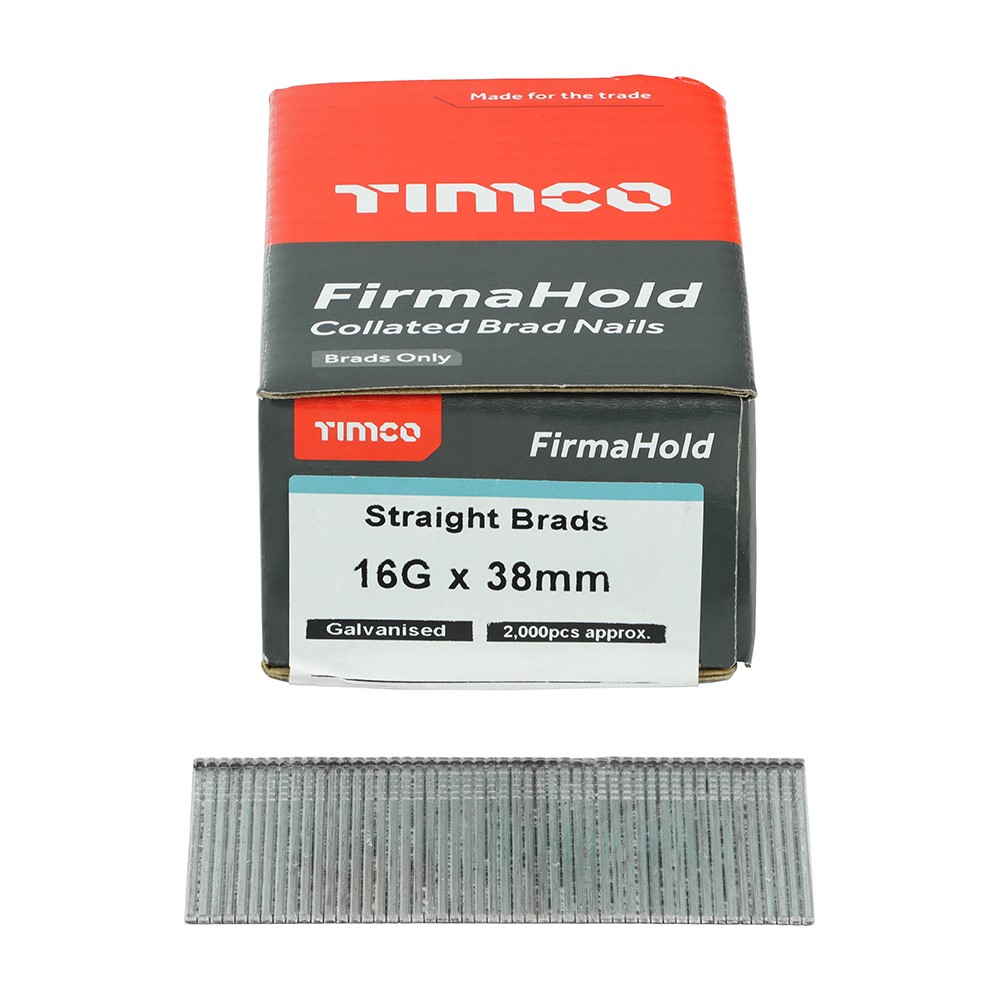 TIMCO FirmaHold Collated Brad Nails - 16 Gauge - Straight - Galvanised 16g x 38mm (2,000 Pack)