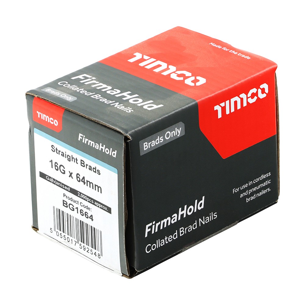 TIMCO FirmaHold Collated Brad Nails - 16 Gauge - Straight - Galvanised 16g x 64mm (2,000 Pack)