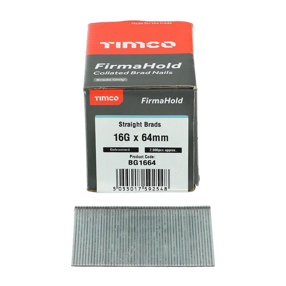 TIMCO FirmaHold Collated Brad Nails - 16 Gauge - Straight - Galvanised 16g x 64mm (2,000 Pack)