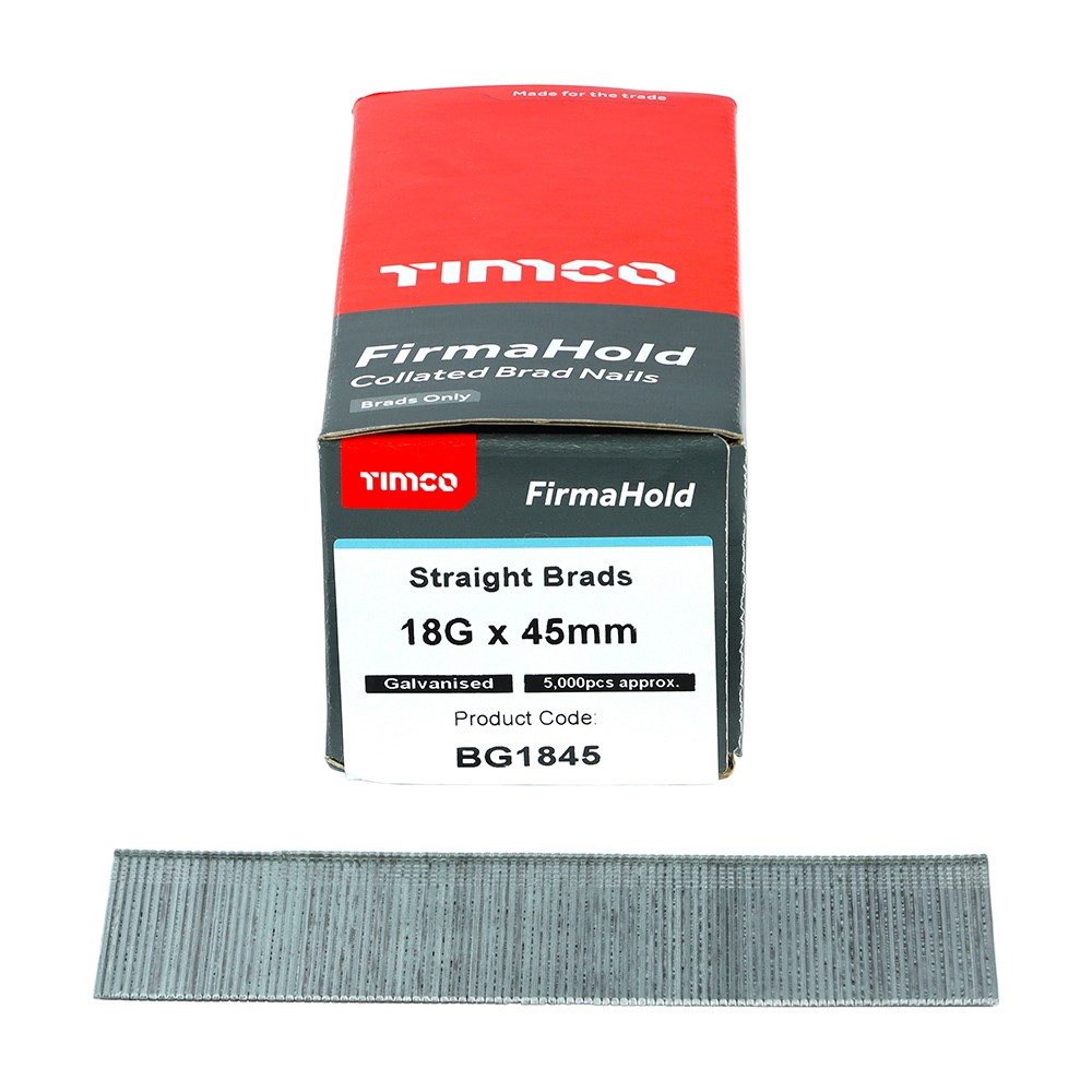TIMCO FirmaHold Collated Brad Nails - 18 Gauge - Straight - Galvanised 18g x 45mm (5000 Pack)