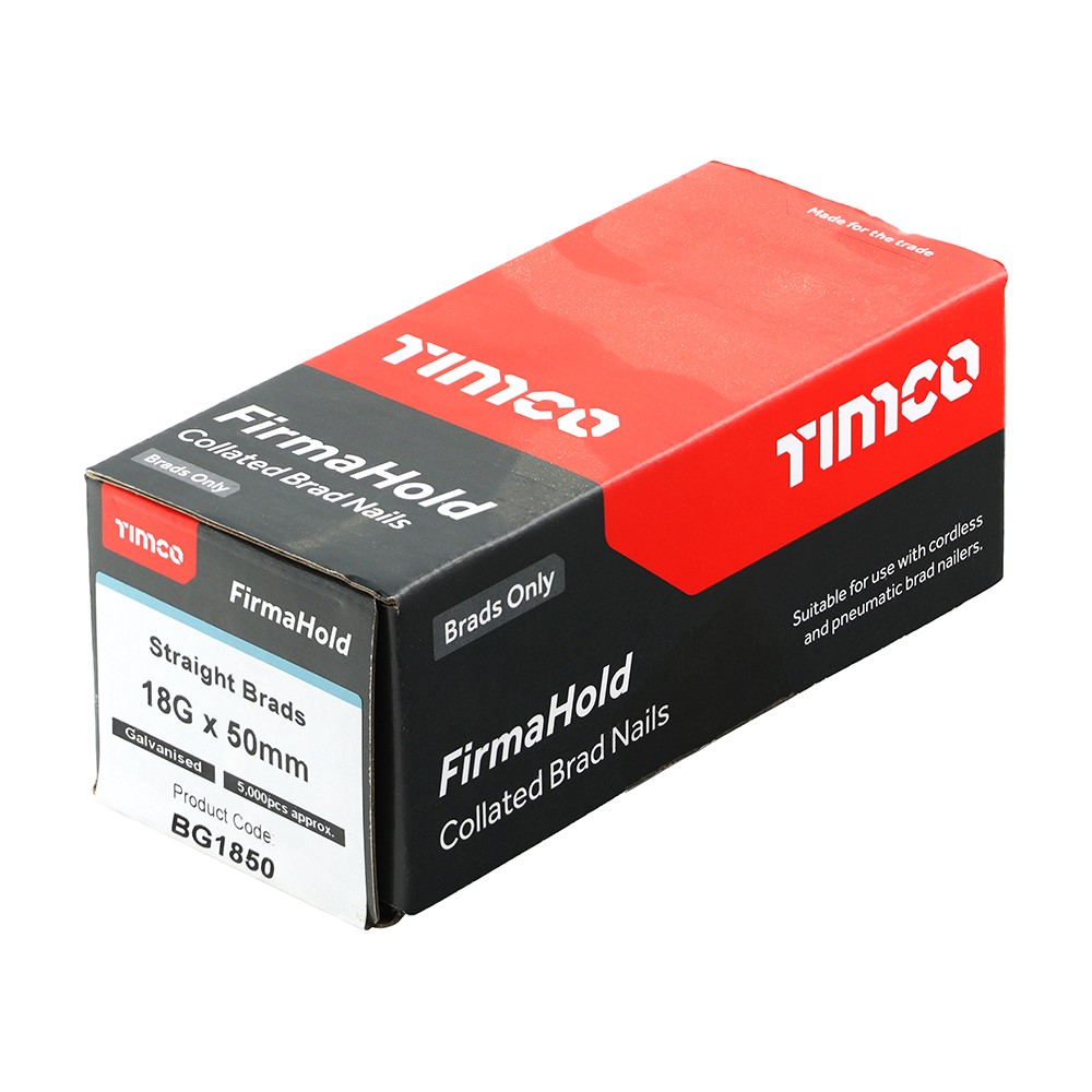 TIMCO FirmaHold Collated Brad Nails - 18 Gauge - Straight - Galvanised 18g x 50mm (5000 Pack)