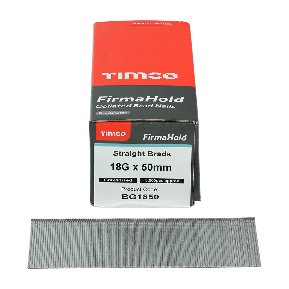 TIMCO FirmaHold Collated Brad Nails - 18 Gauge - Straight - Galvanised 18g x 50mm (5000 Pack)