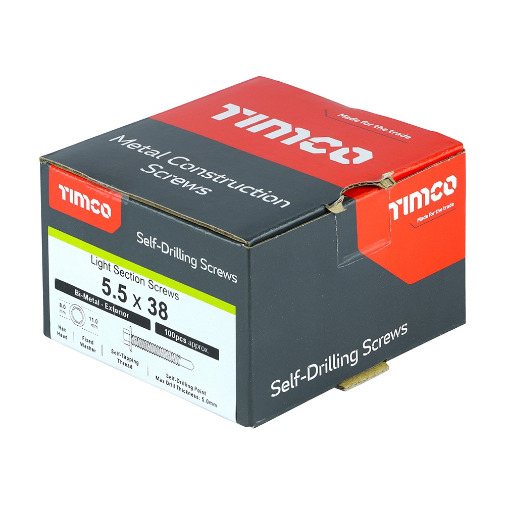 TIMCO Metal Construction Light Section Screws - Hex - Self-Drilling - Bi-Metal - Exterior - Silver Organic 5.5 x 38mm (100 Pack)