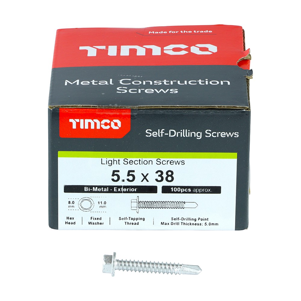 TIMCO Metal Construction Light Section Screws - Hex - Self-Drilling - Bi-Metal - Exterior - Silver Organic 5.5 x 38mm (100 Pack)