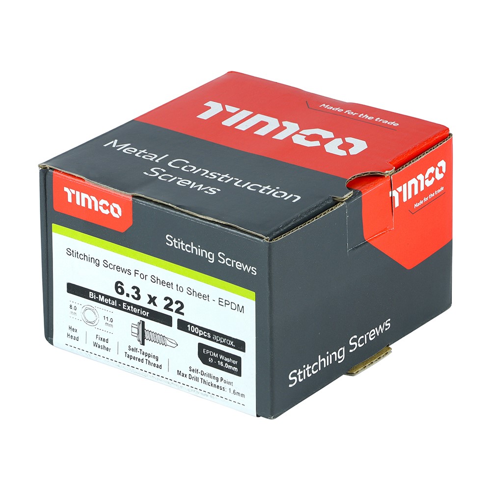 TIMCO Metal Construction Stitching Screws - For Sheet to Sheet - Hex - EPDM Washer - Bi-Metal - Exterior - Silver Organic 6.3 x 22mm (100 Pack)
