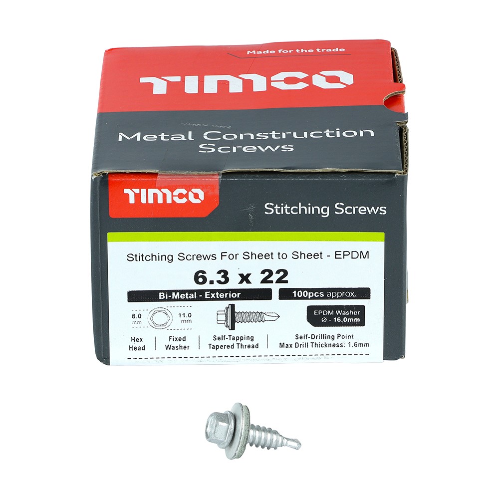 TIMCO Metal Construction Stitching Screws - For Sheet to Sheet - Hex - EPDM Washer - Bi-Metal - Exterior - Silver Organic 6.3 x 22mm (100 Pack)