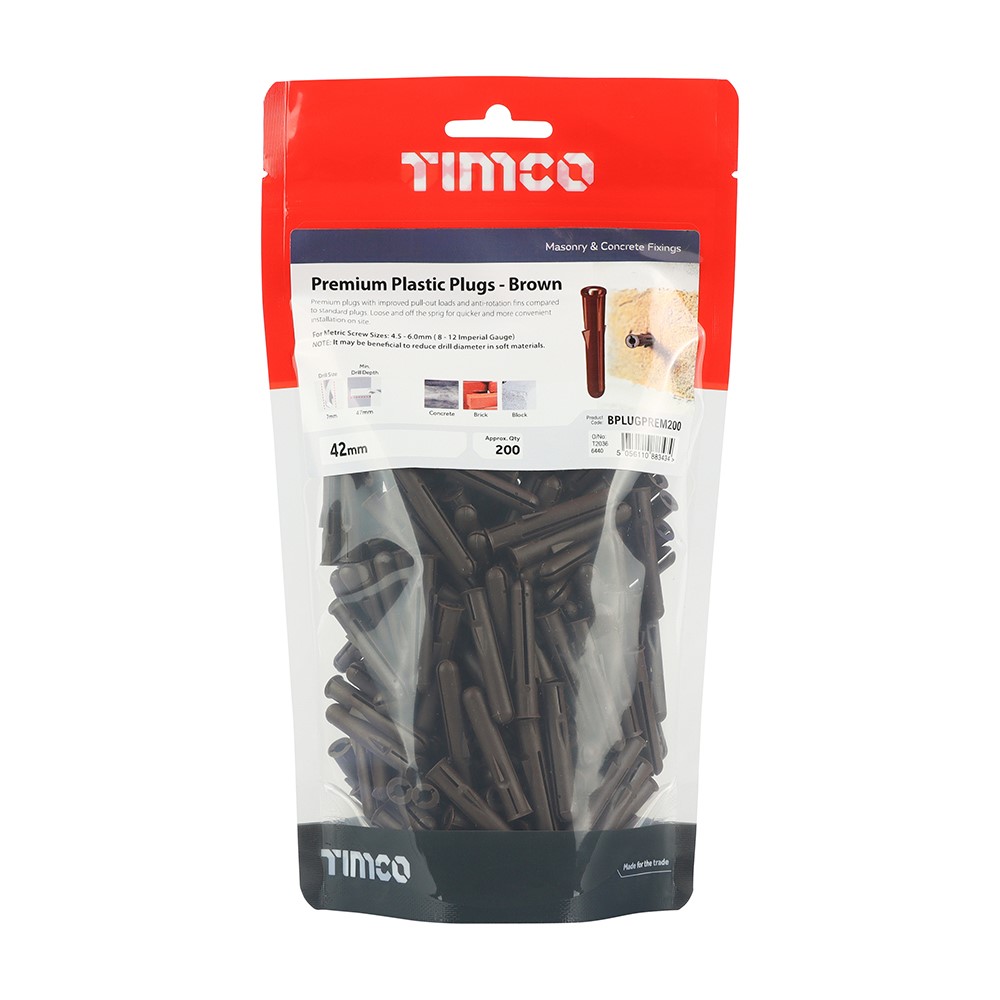 TIMCO Premium Plastic Plugs - Brown 42mm (200)