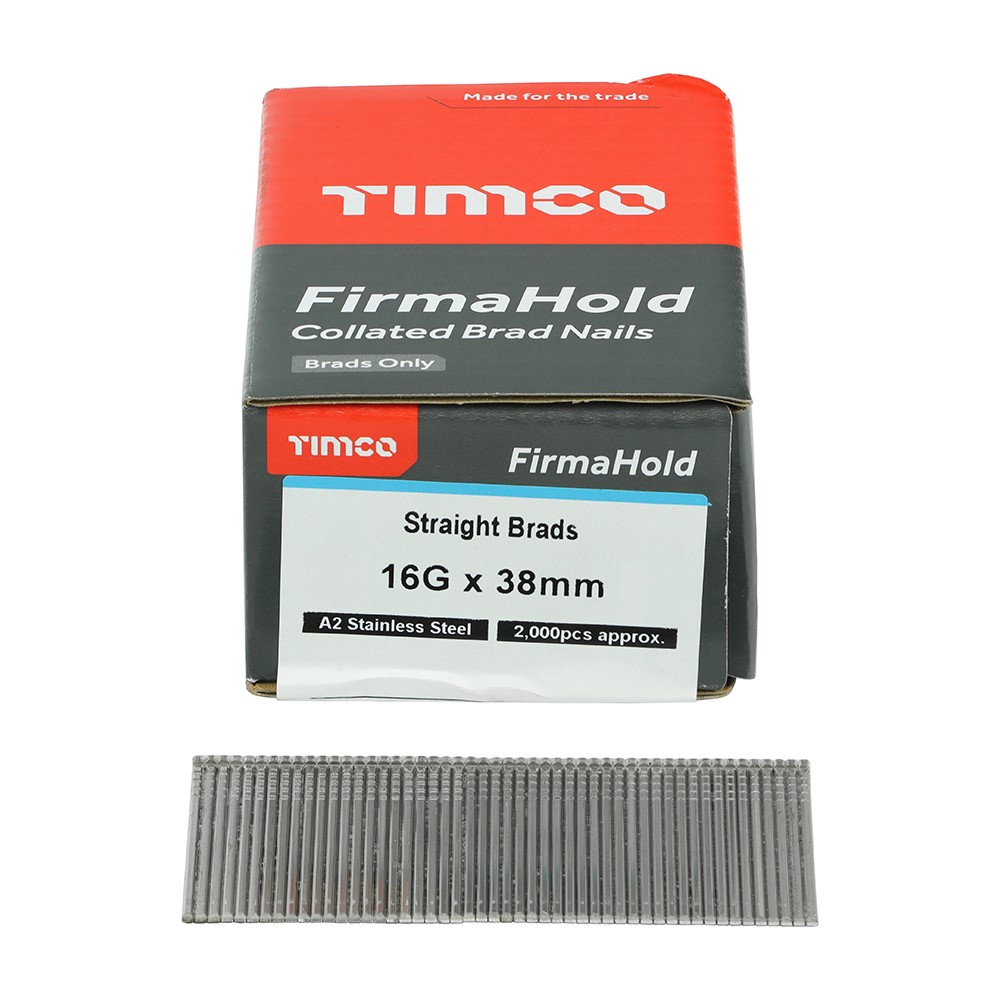 TIMCO FirmaHold Collated Brad Nails - 16 Gauge - Straight - A2 Stainless Steel 16g x 38mm (2,000 Pack)